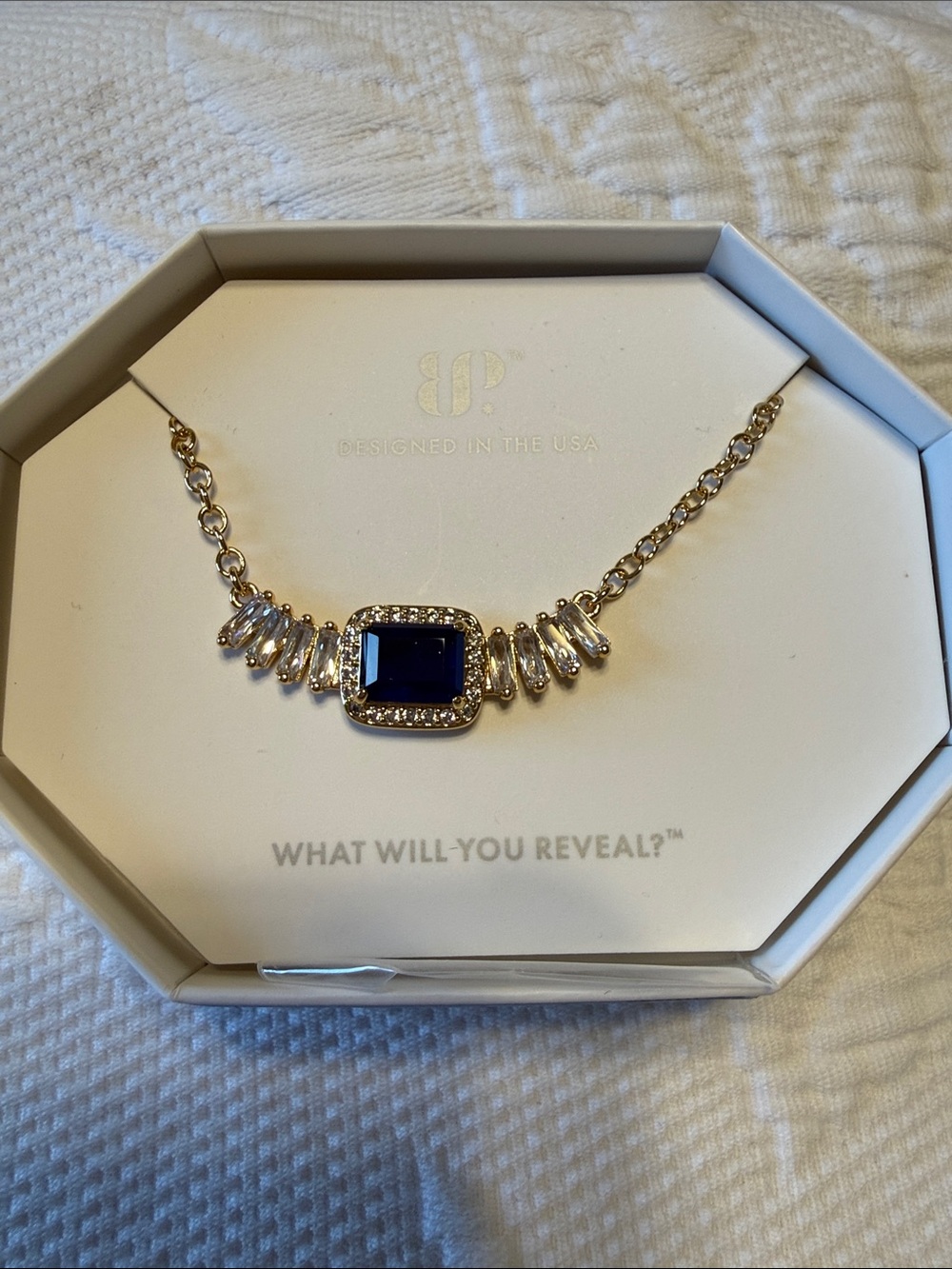 Bomb Party Gold & Blue Square Crystal Statement Necklace NIB